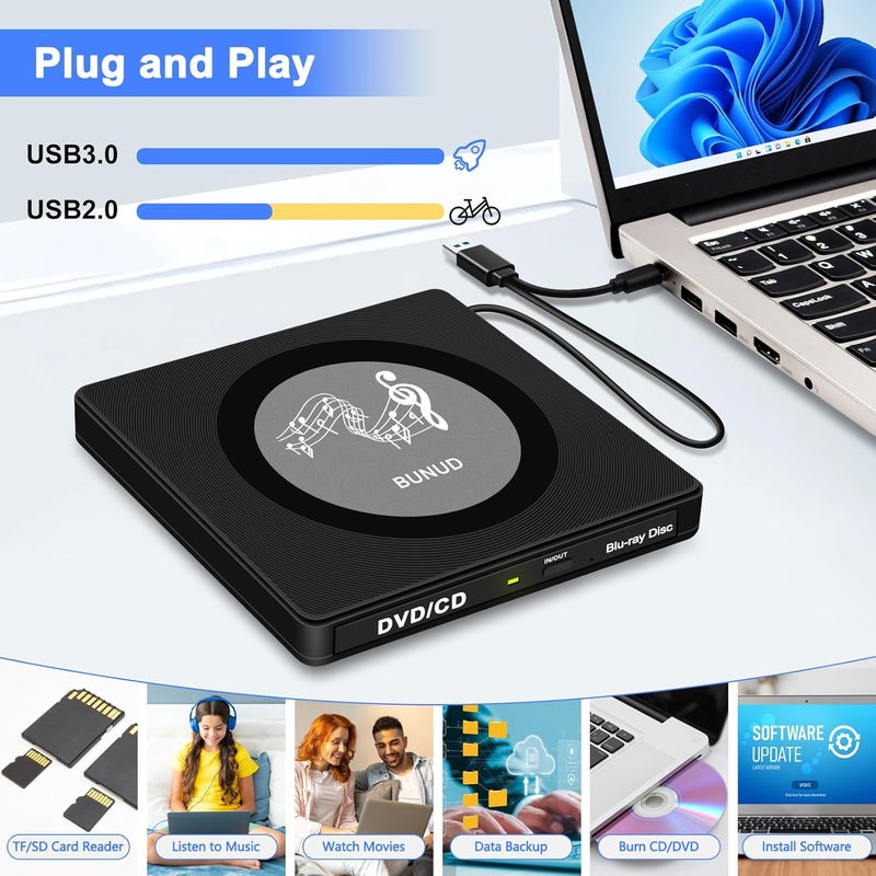BVNUD External Blu Ray CD DVD Drive, USB Blu Ray Drive External Bluray Burner Read/Write BD Player with 2 USB and TF/SD Slots, Optical Blue Ray CD DVD Reader for Laptop Apple PC Windows 11 MacBook Pro Air - Image 2
